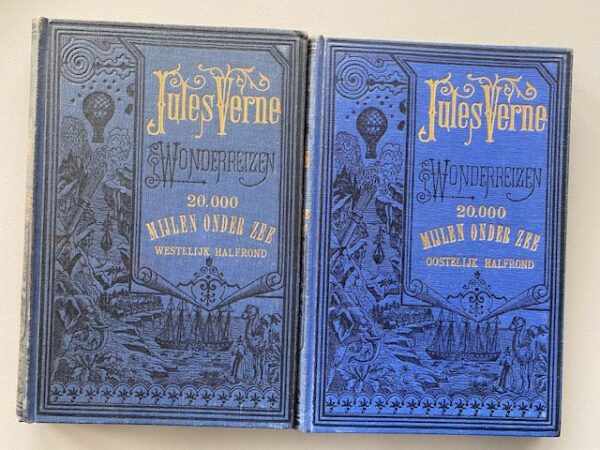 Kavel, 2 boeken | Jules Verne's Wonderreizen 20.000 mijlen onder zee, Oostelijk en Westelijk Halfrond | 1950, 15de druk | Uitgevers-maatschappij Elsevier